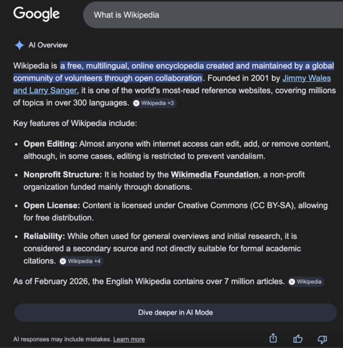 AI_Overviews_result_for_What_is_Wikipedia,_2_March_2026